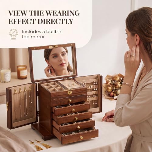Sintuff 6 Layer Solid Wood Jewelry Box Lockable with Mirror Gift for Women - Image 4