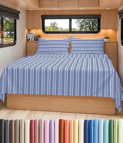 Short Queen Size 4 Piece Bed Sheet Set - RV Short Queen - Blue Stripes by CGKUnlimited