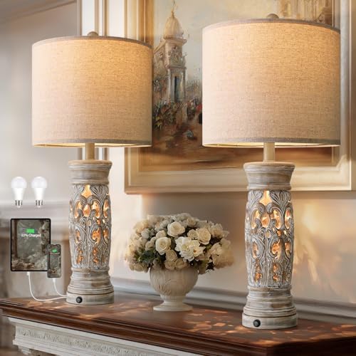 27.25”Farmhouse Table Lamps Set of 2 with Night Light, Rustic Bedside Lamp by BOBOMOMO