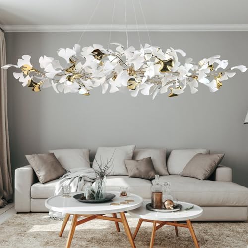59 Inch White Rectangle Chandelier Gold Ceramic Ginkgo Leaf Chandeliers Brass Large Chandelier Modern Hanging Lights Fixture for Living Room Dining Room Kitchen Island,10-Light by GREMLBUK