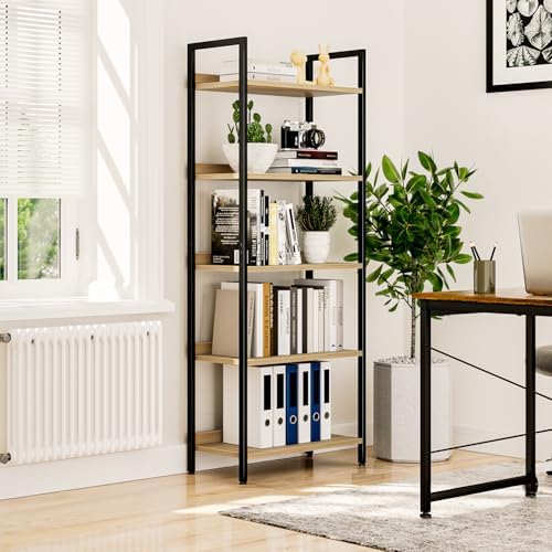 NUMENN Bookshelf, 5 Tier Bookshelves, Home Office Bookcase Shelf Storage Organizer, Free Standing Storage Shelving Unit for Bedroom, Living Room and Home Office, Natural - Image 4