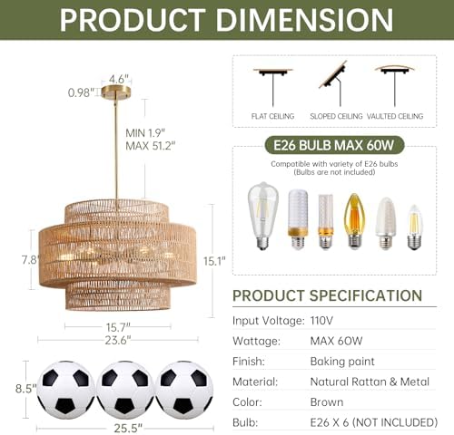 24" Rattan Chandelier for Dining Room, Large Boho Pendant Light - Image 5