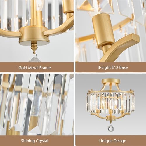 Crystal Gold Chandeliers Modern Farmhouse Small Chandelier 12.2 Inch 3-Light Round Crystal Mini Semi Flush Mount Ceiling Light Fixture for Dining Room Entryway Hallway Kitchen Bedroom Foyer - Image 4