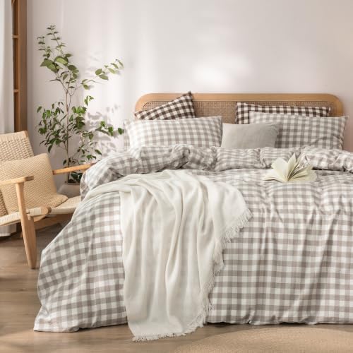 BESTOUCH Gingham Cotton Duvet Cover Set Linen Grey Queen by BESTOUCH