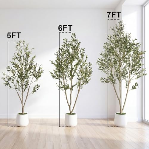 7FT Artificial Olive Tree Indoor with White Pot Tall Planter, Faux Olive Tree with Natural Wood Trunk and Lifelike Fruits for Home Office Living Room Decor - Image 2