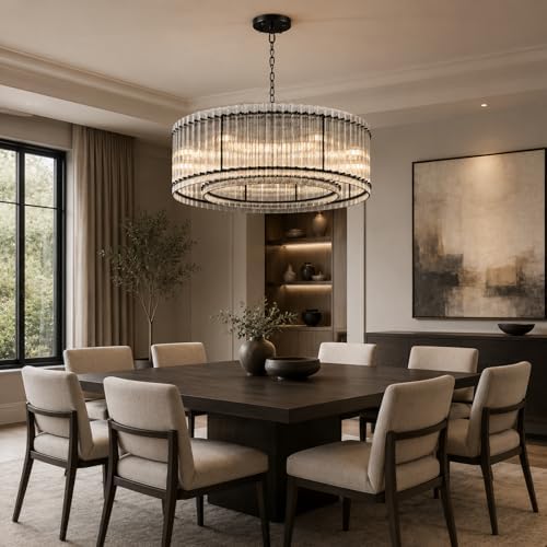 48-Inch Ripple Glass Chandelier, 2-Tier 10-Light Large Black Round Chandelier for Dining Rooms, Living Rooms, Foyers, Staircases, Open-Concept Spaces & High Ceiling - Image 4