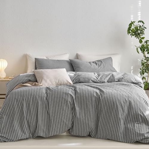 MooMee Striped Duvet Cover Set 100% Washed Cotton Linen Like Queen by MOOMEE