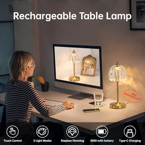 Shenmoyl Set of 2 Tulip Table Lamp with 5000mAh Battery & Touch Control, Cordless Table Lamp with 3 Colors, Dimmable Rechargeable Table Lamps for Bedroom, Living Room, Entryways (Transparent Tulip) - Image 2