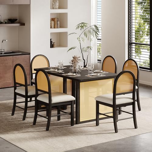 VilroCaz Farmhouse 7-Piece Dining Table Set for 6-59.8" Rectangular Dining Table with Distressed Oak Veneer and 6 Upholstered Chairs, Rattan-Wood Combination for Kitchen Dining Room (Espresso-9.26) by VilroCaz
