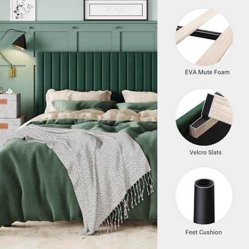 Allewie Queen Bed Frame, Velvet Upholstered Platform Bed with Adjustable Vertical Channel Tufted Headboard, Mattress Foundation with Strong Wooden Slats, Box Spring Optional, Easy Assembly, Green - Image 5