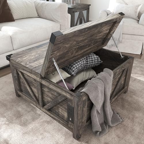 jimeimen Farmhouse Lift Top Coffee Table with Storage, Wood Square Center Table with Charging Station&USB Port, Living Room Table w/Large Hidden Space, for Living Room, Bedroom, Home Office, Dark Grey - Image 6