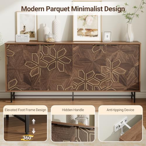 Mericonia 64 Inch Large Buffet Cabinet with Storage, Modern Mid-Century Walnut Sideboard with 4 Doors & Adjustable Shelves, Accent Credenza Coffee Bar for Kitchens, Dining Room, Living Room, Entryway - Image 4