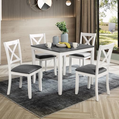 Harper & Bright Designs 5-Piece Wood Dining Table Set for 4, Kitchen Furniture Set with 4 High Back Upholstered Dining Chairs for Small Places,White+Gray by HarperBrightDesigns