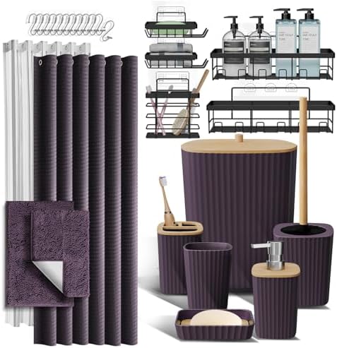 Clara Clark Bathroom Accessories Set - 27PC Bathroom Set with Adhesive Corner Shower Caddy Hanging, Bathroom Sets with Shower Curtain and Rugs, Purple Shower Curtain Set with Bathroom Trash Can by ClaraClark