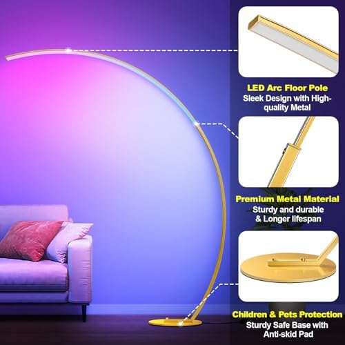 RGB Floor Lamp with 3 Color Temperatures, Ultra Bright 1800LM Smart Arc LED Floor Lamp with Remote Control, Music Sync, Scene Modes, Modern Standing Tall Lamp for Bedroom Living Room Gaming Rooms-Gold - Image 6