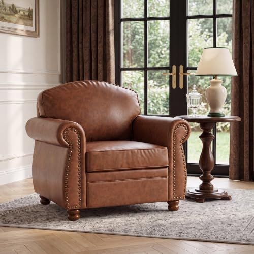 Vintage Oversized Faux Leather Chair Set of 2 for Living Room, 41", Caramel - Image 3