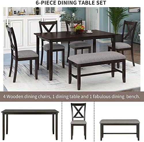 6-Piece Rustic Farmhouse Wood Dining Set, Espresso - Image 5