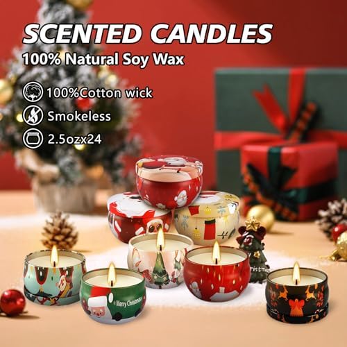 24 Pack Christmas Scented Candles - Natural Soy Wax Advent Candles, Smokeless Clean Burning with Cotton Wick, 2.5oz Mini Jar Candles for Holiday Gifts, Home Decor & Christmas Party Favors - Image 5