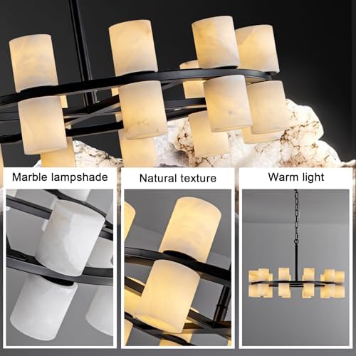 Alabaster Round Chandelier, Natural Spanish Stone Texture Chandeliers, D23.6in Round Chandeliers for Dining Room Small Chandelier Light Fixture for Kitchen Living Room Foyer Entryway Hallway (Black) - Image 4