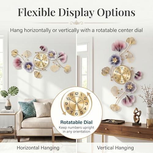 36" 3D Ginkgo Leaf Metal Wall Clock for Home Wall Decor - Image 3