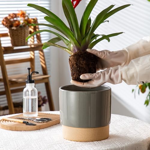8 Inch Ceramic Self Watering Planter with Drainage Hole, Dark Grey - Image 4