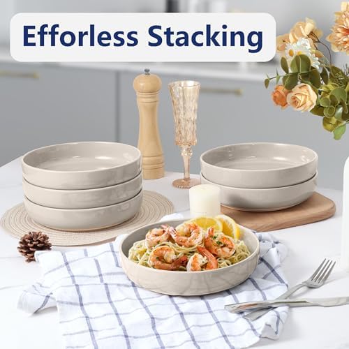 LIANYU Pasta Bowls Set of 4, 33oz Stoneware Salad Serving Bowls, Large and Round Pasta Plates for Dinner, Dishwasher & Microwave Safe, Milky Brown - Image 4