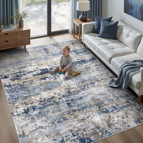 pmtsns Area Rugs 6x9 for Living Room: Washable Rug Modern Abstract Neutral Soft Non-Slip Low-Pile Indoor Carpet for Bedroom Dining Room Playroom Home Office (Blue Grey Brown, 6'x9') by pmtsns
