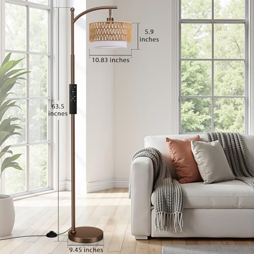 Ambimall Arc Floor Lamp with Remote & Rattan Double Shades, Brown Rustic - Image 3