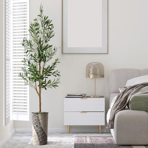 Artificial Tree in Geometric Pattern Planter, Fake Olive Silk Tree for Indoor and Outdoor Home Decoration - 68" Overall Tall (Plant Pot Plus Tree) - Image 3