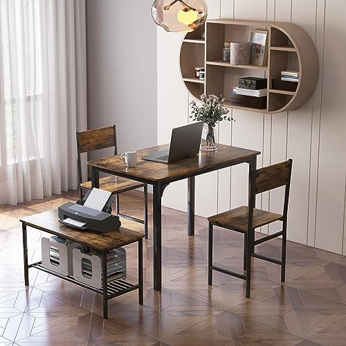 Giantex Dining Table Set for 4, Kitchen Table with Bench and Chairs, Industrial Gathering Bench Dining Set W/Metal Frame & Storage Rack, Dinette Set, Modern Functional Desk Set (Rustic Brown) - Image 3