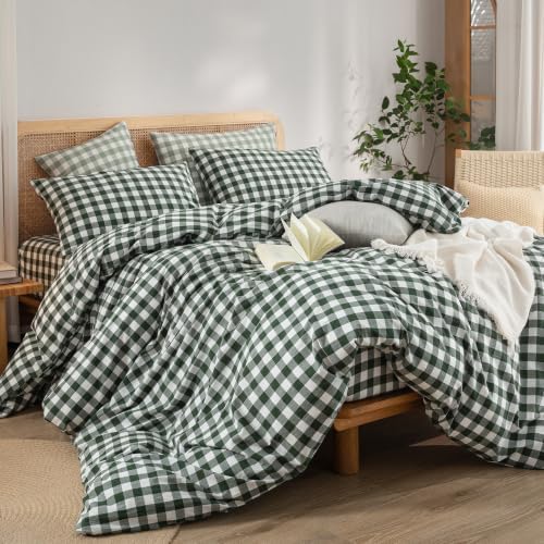 BESTOUCH Gingham Cotton Duvet Cover Set Green Oversized King - Image 5