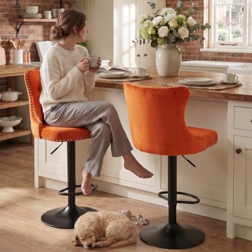 SoarFlash Velvet Bar Stool Set of 2, Adjustable Swivel Bar Stools with Black Metal Leg, Button Tufted, Footrest, Chrome Nailhead, Counter Height Chair for Kitchen, Bar, Dining Room (Orange) - Image 3