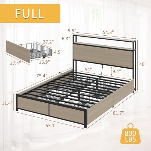 Lifezone Full Bed Frame with 2-Tier Storage Headboard, Metal Platform Bed Frame with 4 Storage Drawers, Built in Charging Station & LED, Noise-Free/Metal Support/No Box Spring Needed, Beige - Image 2