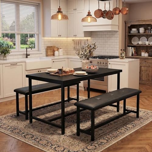 GarveeHome Dining Table Set for 4, Kitchen Table with 2 Upholstered Benches, Wood Kitchen Dining Room Set, for Small Space, Apartment, Home, Dinner, Retro Black - Image 3
