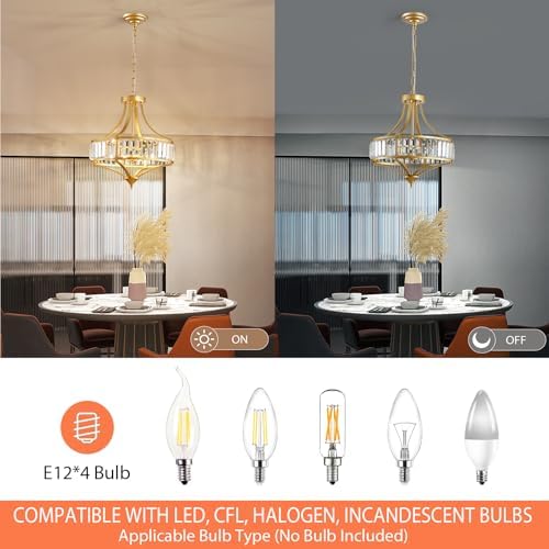 Gold Chandeliers for Dining Room Modern Round Crystal 4 Lights Rustic Pendant Lighting Fixture with Metal Lampshade for Living Room Hallway Bedroom Foyer - Image 4