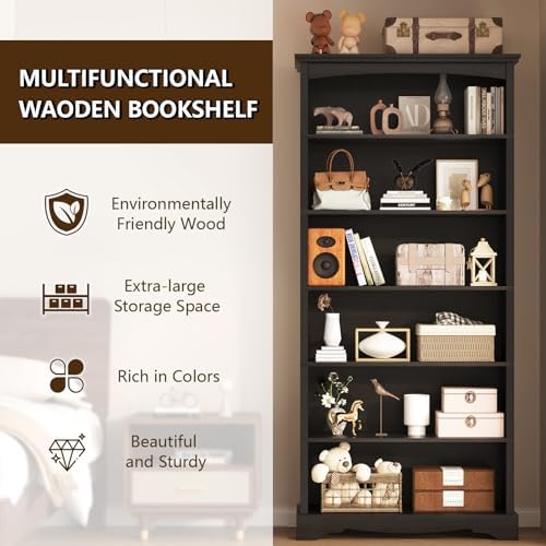 TVU 6-Tier Wooden Bookshelf, 76 Inch Tall Bookshelf with Storage, Floor Standing Modern Style Display Bookcase for Living Room, Office, Study Room, Entryway, Black - Image 4