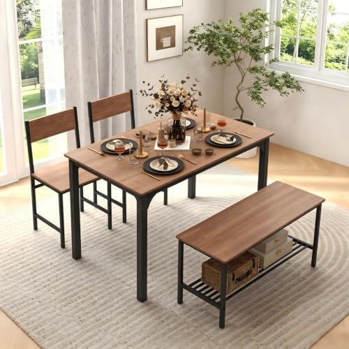 Dining Table Set for 4 with Storage Bench & 2 Chairs, Teak by BUYNOW