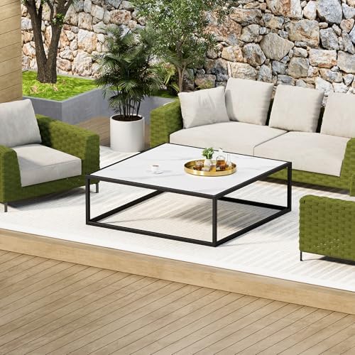 31.5" Square Coffee Table, Mid-Century Modern White Center Table for Living Room, Floor Table for Sitting on The Floor, Wood Cocktail Tea Contemporary Tables with Metal Frame for Office Apartment Home - Image 6