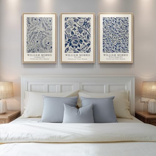 Large Framed William Morris Blue Canvas Wall Art for Living Room, 3 Piece - Image 4