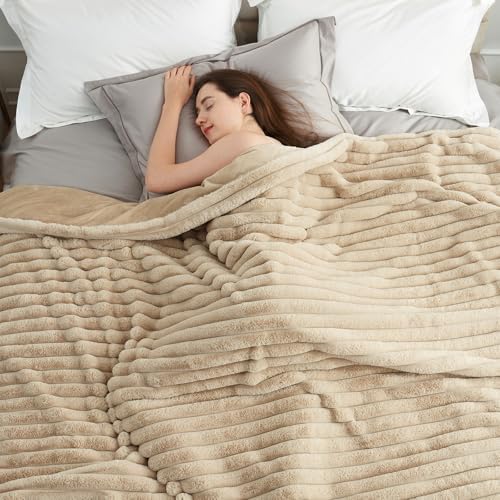 Amélie Home Soft Striped Faux Fur Throw Blanket for Couch, Beige, 55"x70" - Image 2