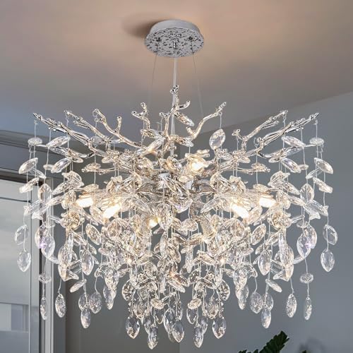 30" Modern Crystal Chandelier, 10-Light Silver Tree Branch Chandeliers, Luxury Round K9 Crystal Raindrop Chandelier Pendant Lighting for Dining Room, Living Room, Foyer, Entryway, Kitchen, Bedroom by YUYILIGHTING
