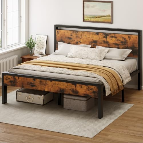 Sweetcrispy King 14 Inch Bed Frame with Wood Headboard, Rustic Brown by Sweetcrispy