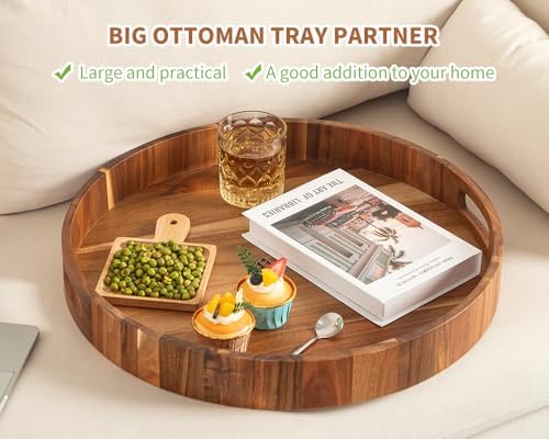Extra Large Round Ottoman Coffee Table Tray, 22" Big Kitchen Serving Trays for Huge Ottoman Counter Giant Decorative Organizer, Huge Wood Serveware Tray with Built-in Handle for Big Job - Image 4