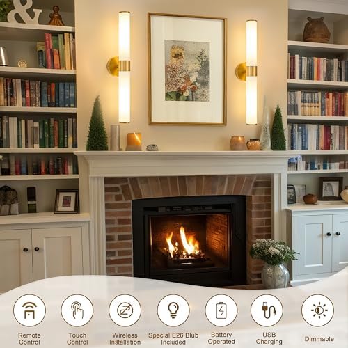 Gold Battery Operated Wall Sconces Set of 2 with White Glass Lamp Shade - Image 4