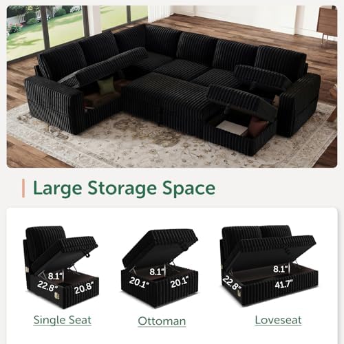 HONBAY Modular Sectional Sleeper Sofa with Pull Out Bed,Corduroy U Shaped Couch with Storage, Sectional Couches for Living Room,Black - Image 3