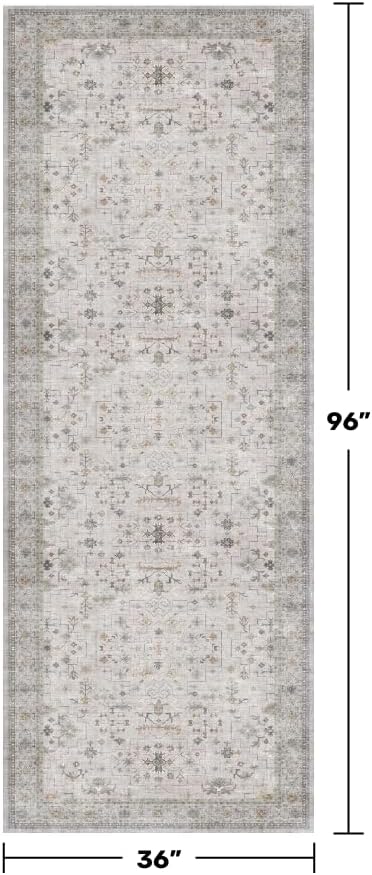 Washable Long Runners for Hallways, 3x8 Low Pile Kitchen Runner Rug, Bohemian Light Gray & Sage Entryway Indoor Rug, Distressed Floral Geometric Design, Non-Slip Stain & Fade Resistant - Image 2