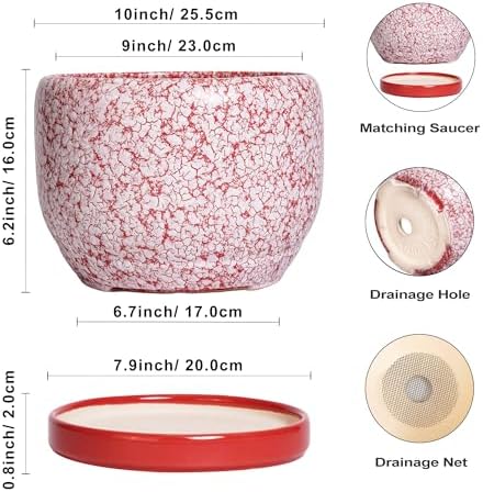 SQOWL Ceramic Planters for Indoor Plants - 10 Inch Flower Pots with Drainage Hole and Saucer, Decorative Ceramic Plant Pots, Round Large Planter Outdoor, Room Decor, Housewarming Gifts, Red and White - Image 3