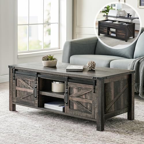 OKD 48" Farmhouse Lift Top Coffee Table, Sliding Barn Door, Dark Rustic Oak by OKD
