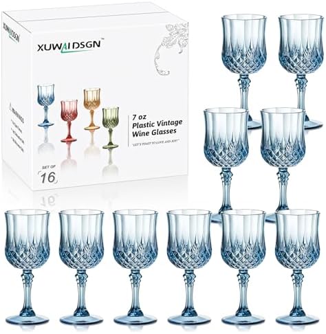 XUWAIDSGN 16 Pcs 7oz Plastic Vintage Wine Glasses Drinking Glasses Unbreakable Wedding Glassware Crystal Water Goblets Reusable Drinkware Vintage Champagne Flutes(16, Blue) by XUWAIDSGN