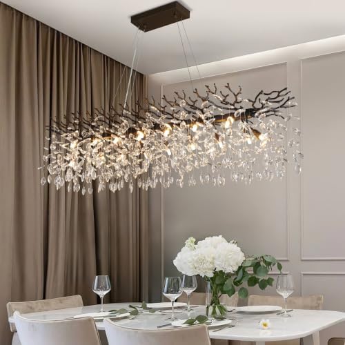 YUYI 47" Black Crystal Chandelier, 14-Light Modern Tree Branch Chandeliers for Dining Room, Luxury Rectangular Chandelier for Kitchen Island, Living Room, Foyer, K9 Crystal Raindrop Light Fixture by YUYILIGHTING